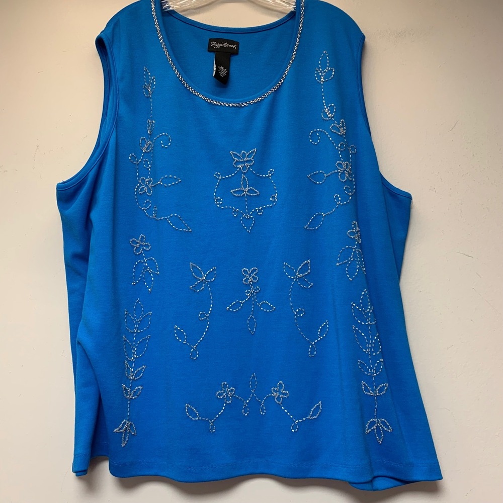 Maggie Barnes Sleeveless Top Womens 4X Blue Excellent Beaded Floral Embroidered